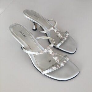 Vintage 90's Silver Satin Beaded T-strap Slides Heels sz 7.5